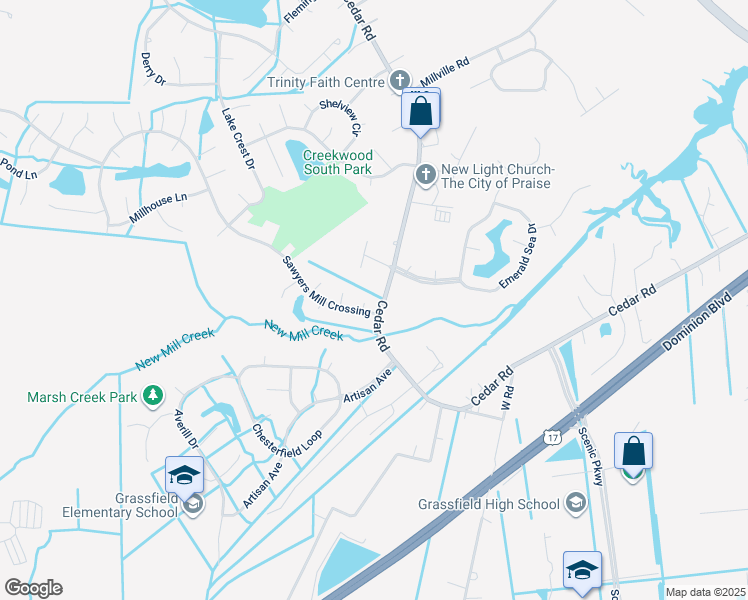 map of restaurants, bars, coffee shops, grocery stores, and more near 603 Sawmark Court in Chesapeake