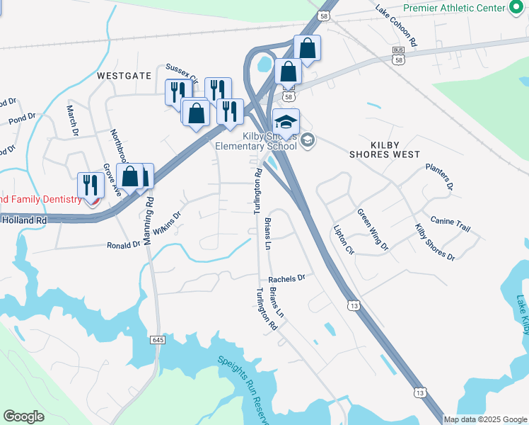 map of restaurants, bars, coffee shops, grocery stores, and more near 2027 Brian's Lane in Suffolk