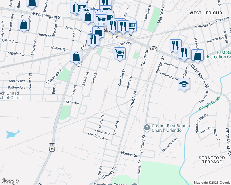 map of restaurants, bars, coffee shops, grocery stores, and more near 414 Culloden Street in Suffolk