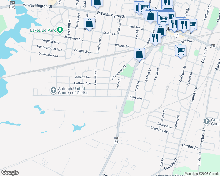map of restaurants, bars, coffee shops, grocery stores, and more near 476 Wellons Street in Suffolk