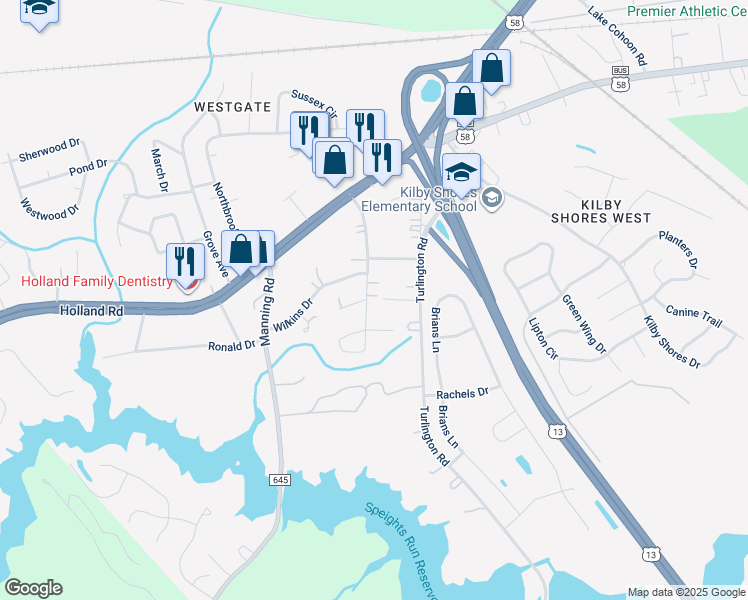 map of restaurants, bars, coffee shops, grocery stores, and more near 208 Staley Drive in Suffolk