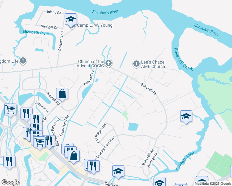 map of restaurants, bars, coffee shops, grocery stores, and more near 320 Belle Ridge Court in Chesapeake