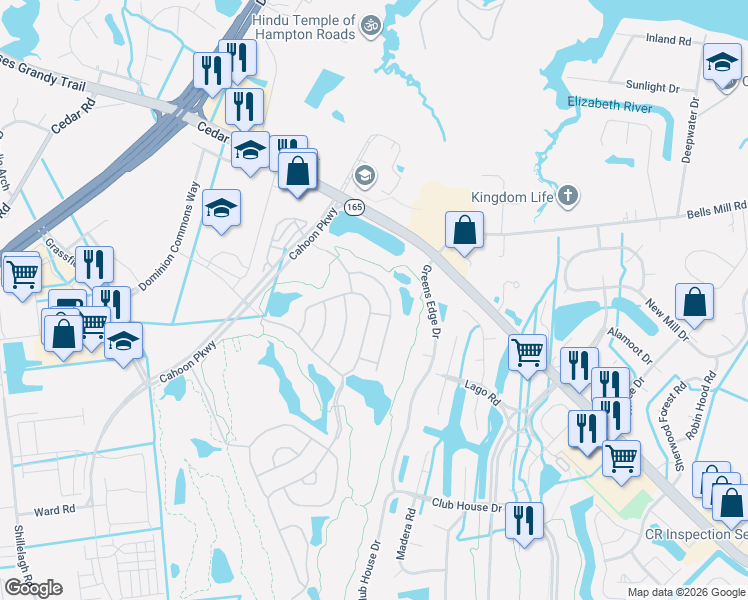 map of restaurants, bars, coffee shops, grocery stores, and more near 1523 Scoonie Pointe Drive in Chesapeake