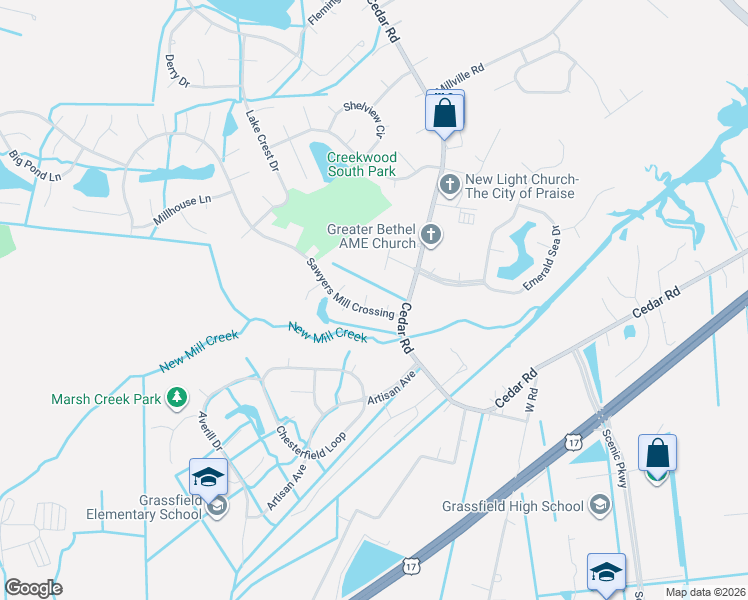 map of restaurants, bars, coffee shops, grocery stores, and more near 602 Batton Door Place in Chesapeake
