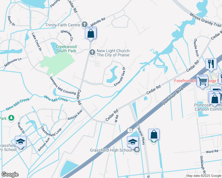 map of restaurants, bars, coffee shops, grocery stores, and more near 1721 Emerald Sea Drive in Chesapeake