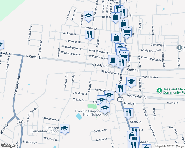 map of restaurants, bars, coffee shops, grocery stores, and more near 327 West Madison Street in Franklin