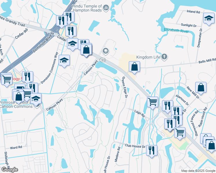 map of restaurants, bars, coffee shops, grocery stores, and more near 1509 Scoonie Pointe Drive in Chesapeake