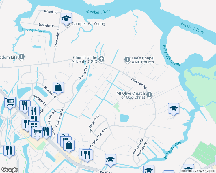 map of restaurants, bars, coffee shops, grocery stores, and more near 320 Belle Ridge Court in Chesapeake