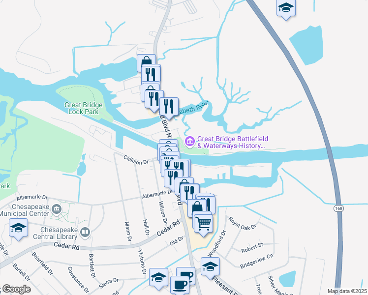 map of restaurants, bars, coffee shops, grocery stores, and more near 1775 Historic Way in Chesapeake
