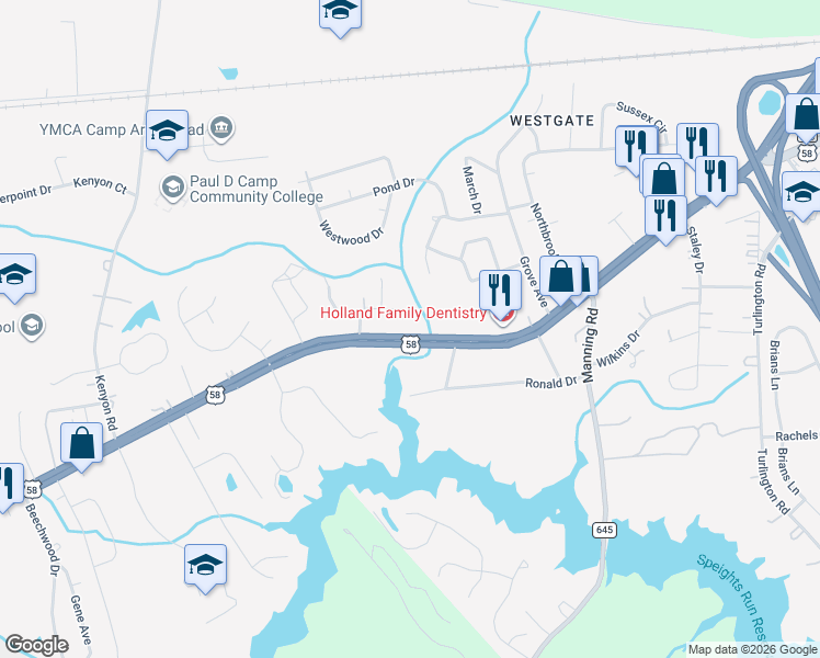 map of restaurants, bars, coffee shops, grocery stores, and more near 1668 Holland Road in Suffolk