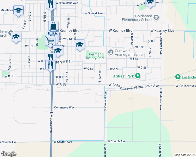 map of restaurants, bars, coffee shops, grocery stores, and more near 905 South 12th Street in Kerman