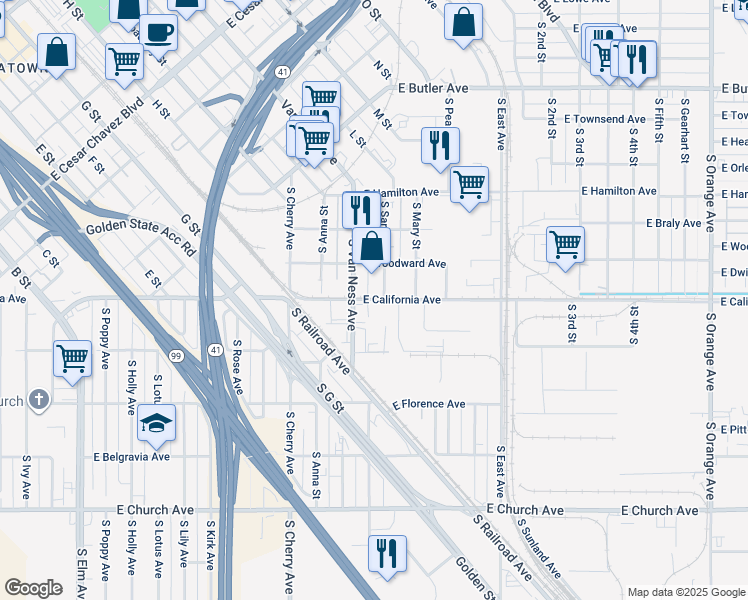 map of restaurants, bars, coffee shops, grocery stores, and more near 2811 East California Avenue in Fresno