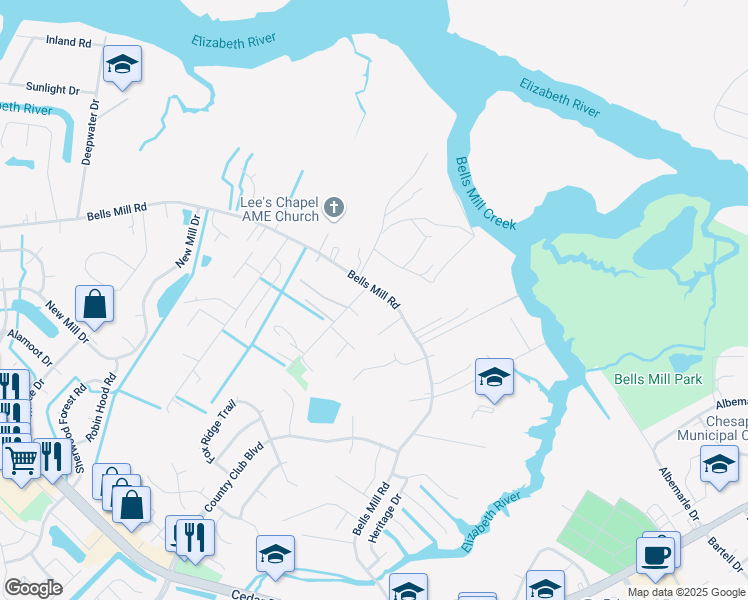 map of restaurants, bars, coffee shops, grocery stores, and more near 980 Bells Mill Road in Chesapeake