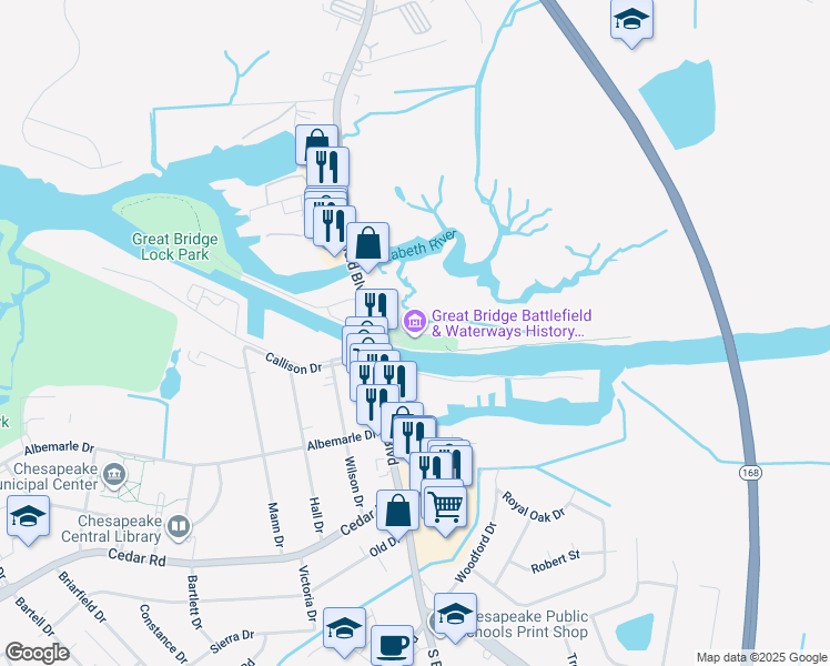 map of restaurants, bars, coffee shops, grocery stores, and more near Historic Way in Chesapeake