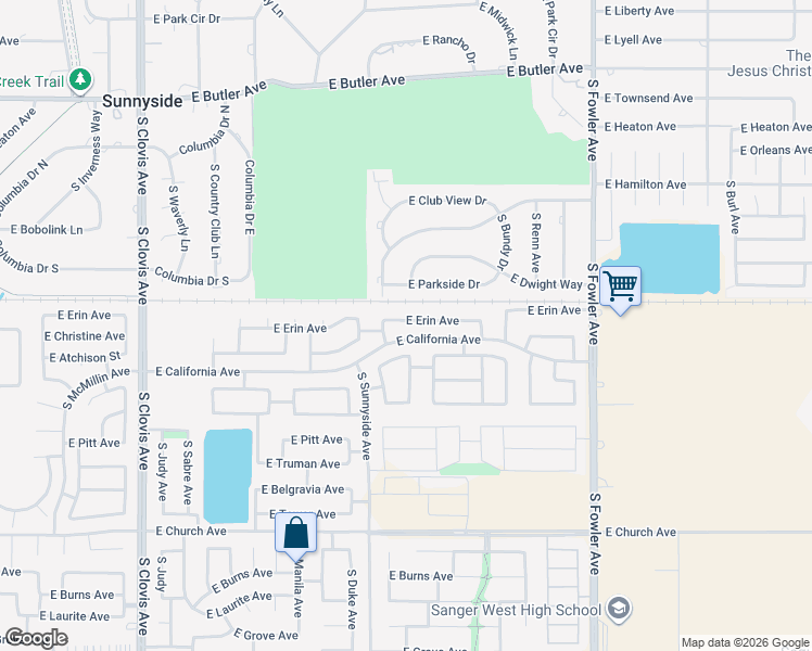map of restaurants, bars, coffee shops, grocery stores, and more near 5828 East Erin Avenue in Fresno