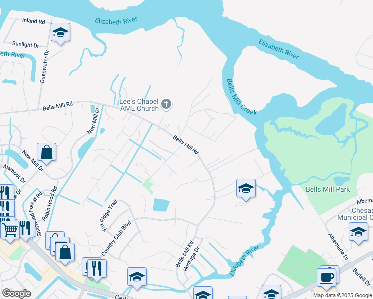 map of restaurants, bars, coffee shops, grocery stores, and more near 980 Bells Mill Road in Chesapeake