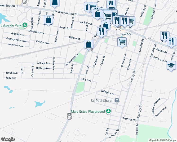 map of restaurants, bars, coffee shops, grocery stores, and more near 408 York Street in Suffolk