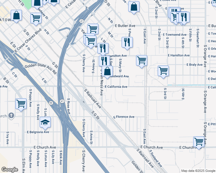 map of restaurants, bars, coffee shops, grocery stores, and more near 2811 East California Avenue in Fresno