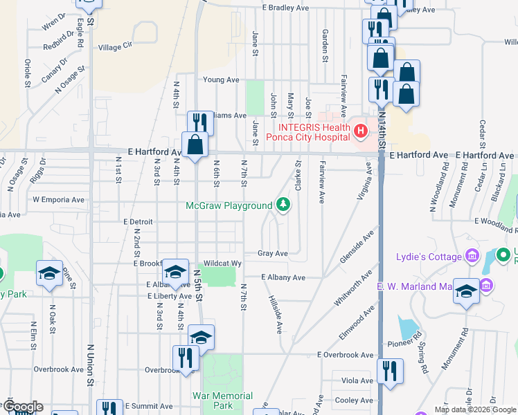 map of restaurants, bars, coffee shops, grocery stores, and more near 1521 North 7th Street in Ponca City