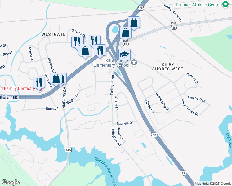 map of restaurants, bars, coffee shops, grocery stores, and more near 2029 Brians Lane in Suffolk