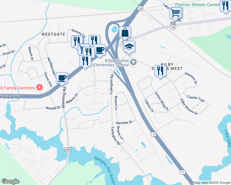 map of restaurants, bars, coffee shops, grocery stores, and more near 2029 Brians Lane in Suffolk