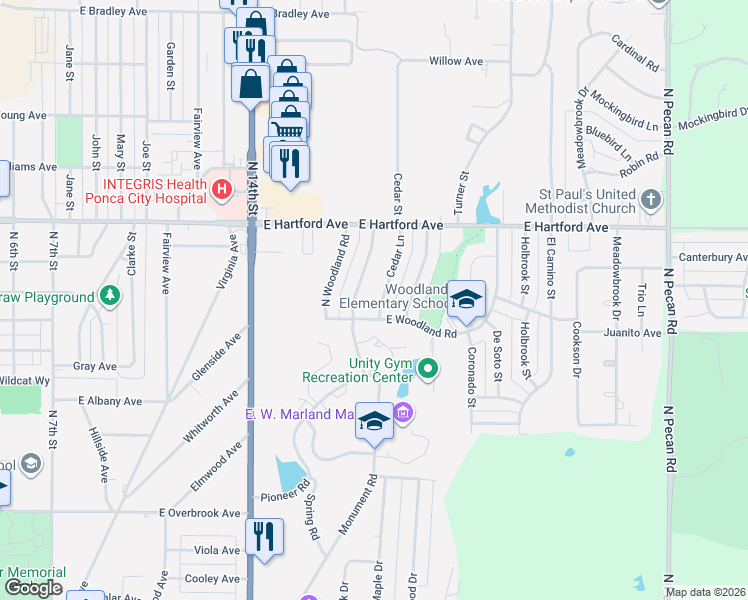 map of restaurants, bars, coffee shops, grocery stores, and more near 1508 Cedar Lane in Ponca City