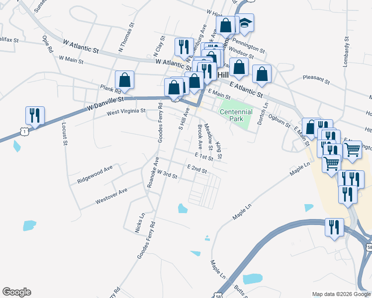 map of restaurants, bars, coffee shops, grocery stores, and more near 401-499 Robertson Street in South Hill
