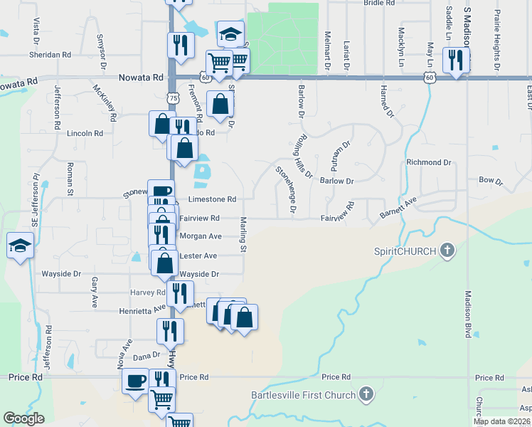 map of restaurants, bars, coffee shops, grocery stores, and more near 4222 Fairview Road in Bartlesville