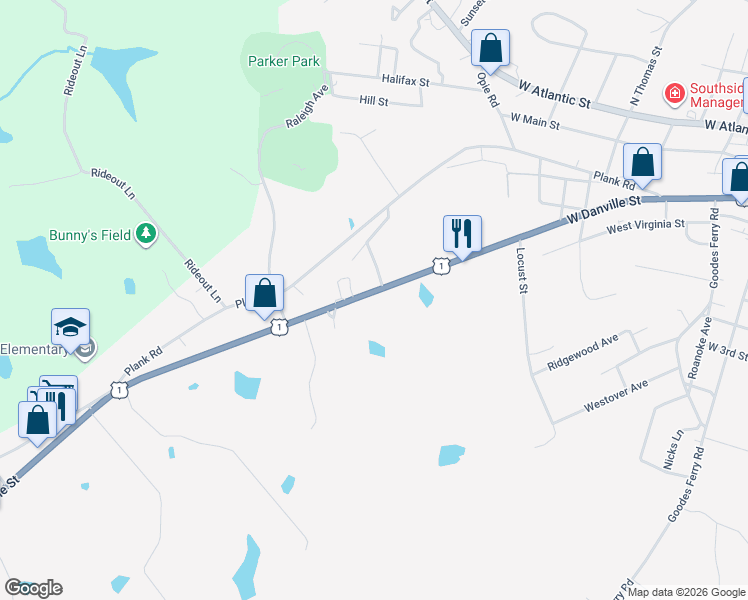 map of restaurants, bars, coffee shops, grocery stores, and more near 1115 West Danville Street in South Hill