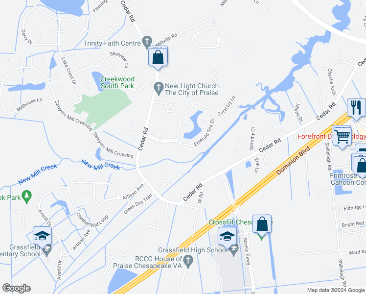 map of restaurants, bars, coffee shops, grocery stores, and more near 1709 Emerald Sea Drive in Chesapeake
