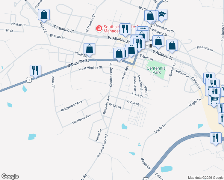map of restaurants, bars, coffee shops, grocery stores, and more near 606 Goodes Ferry Road in South Hill