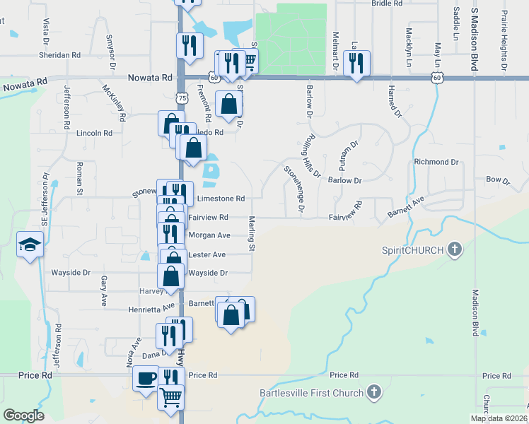 map of restaurants, bars, coffee shops, grocery stores, and more near 4222 Fairview Road in Bartlesville