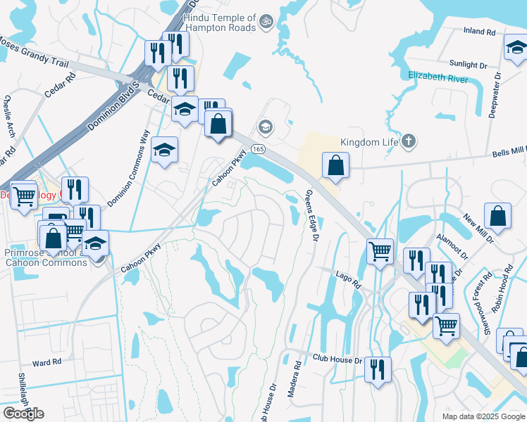map of restaurants, bars, coffee shops, grocery stores, and more near 1509 Scoonie Pointe Drive in Chesapeake