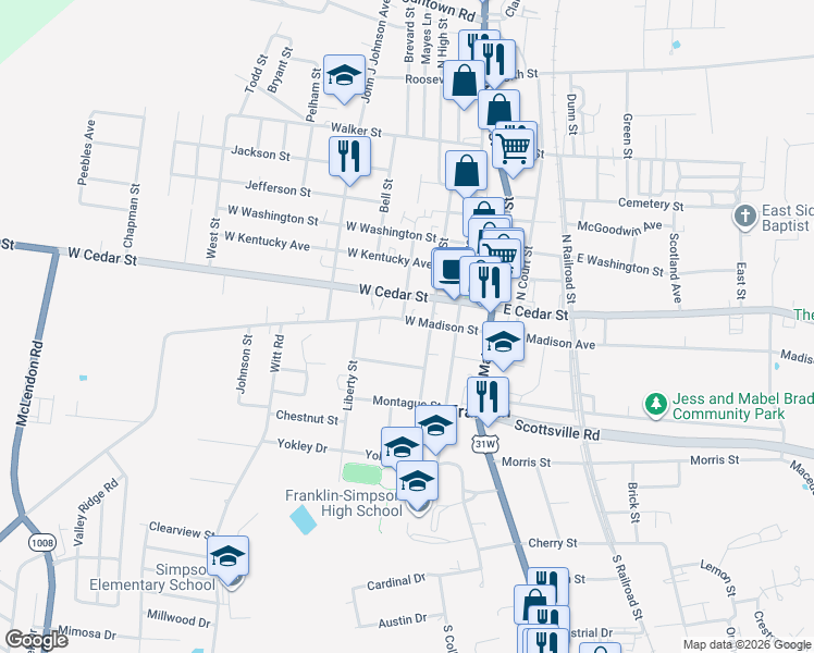map of restaurants, bars, coffee shops, grocery stores, and more near 307 West Madison Street in Franklin