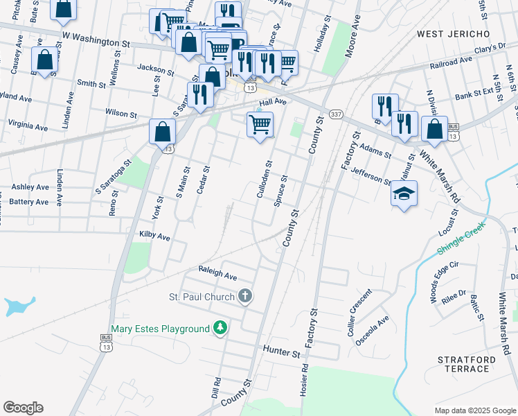map of restaurants, bars, coffee shops, grocery stores, and more near 414 Culloden Street in Suffolk