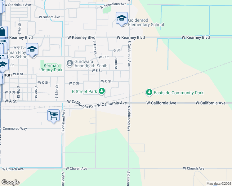 map of restaurants, bars, coffee shops, grocery stores, and more near 14088 West B Street in Kerman