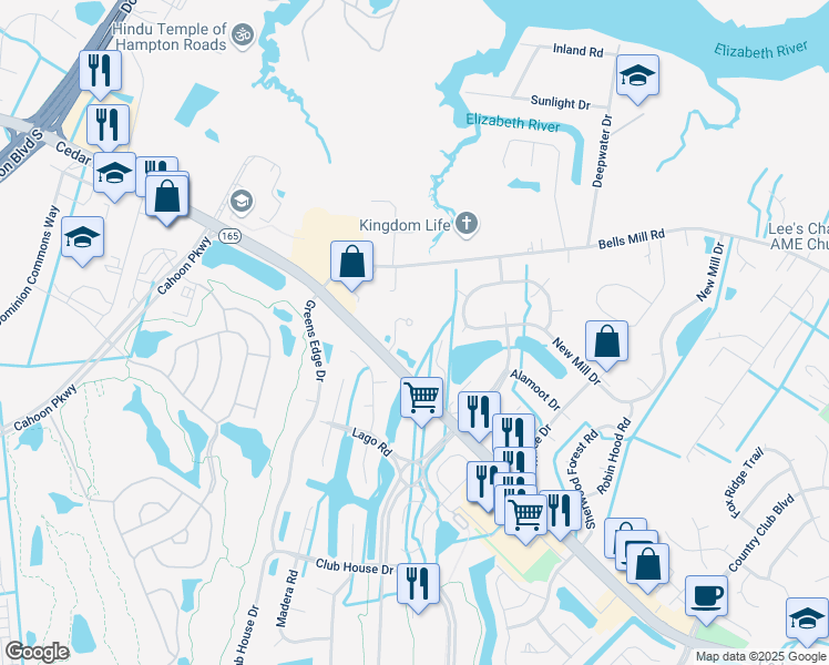 map of restaurants, bars, coffee shops, grocery stores, and more near 204 Angelica Landing in Chesapeake