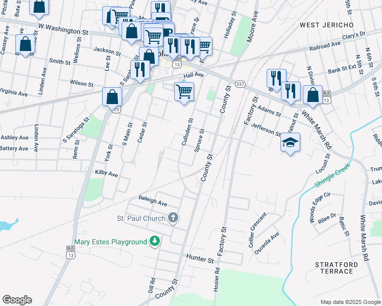 map of restaurants, bars, coffee shops, grocery stores, and more near 414 Culloden Street in Suffolk