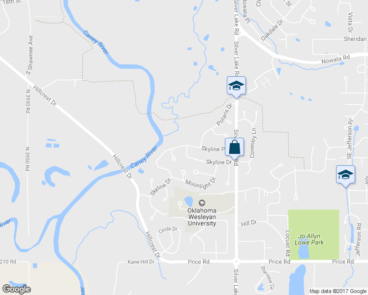 map of restaurants, bars, coffee shops, grocery stores, and more near 1715 Skyline Drive in Bartlesville