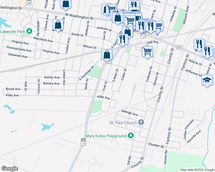 map of restaurants, bars, coffee shops, grocery stores, and more near 406 York Street in Suffolk