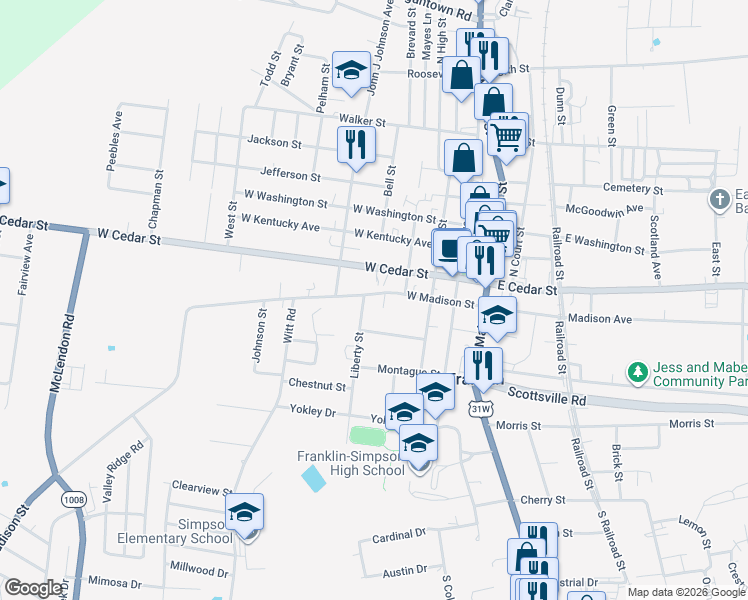 map of restaurants, bars, coffee shops, grocery stores, and more near 327 West Madison Street in Franklin