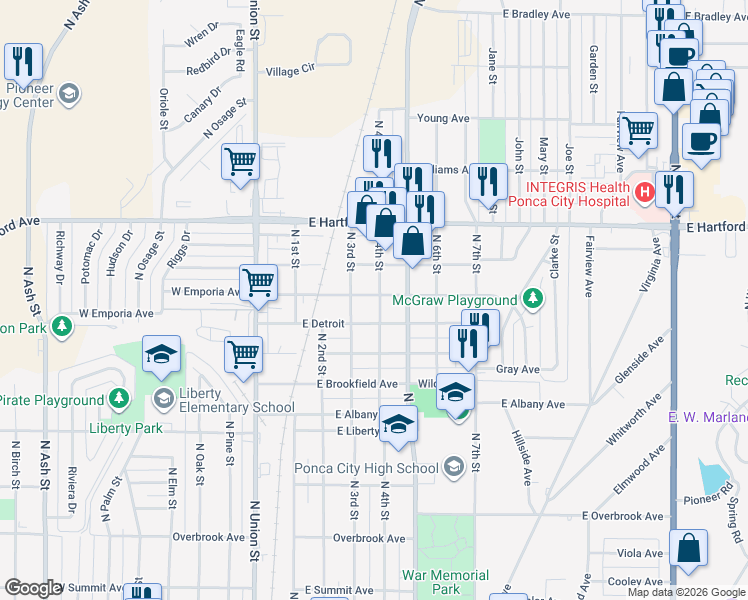 map of restaurants, bars, coffee shops, grocery stores, and more near 1520 North 4th Street in Ponca City