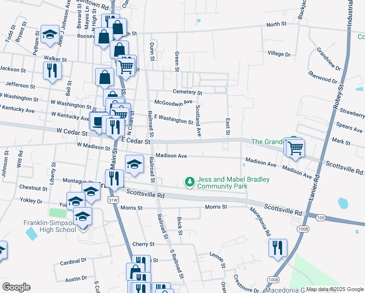 map of restaurants, bars, coffee shops, grocery stores, and more near 406 East Cedar Street in Franklin