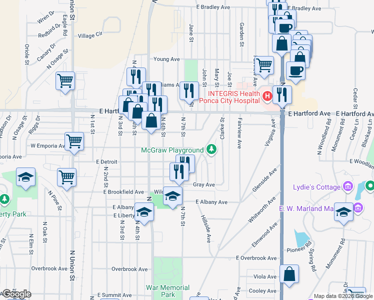 map of restaurants, bars, coffee shops, grocery stores, and more near 1521 North 7th Street in Ponca City