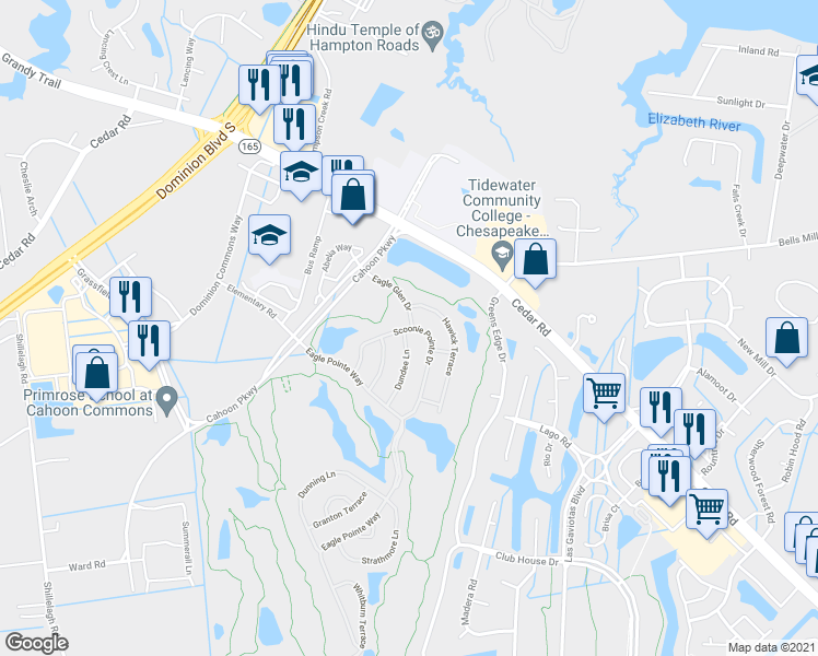 map of restaurants, bars, coffee shops, grocery stores, and more near 1503 Scoonie Pointe Drive in Chesapeake