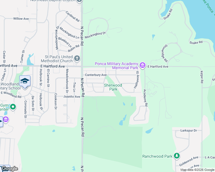 map of restaurants, bars, coffee shops, grocery stores, and more near 1609 Blake Drive in Ponca City