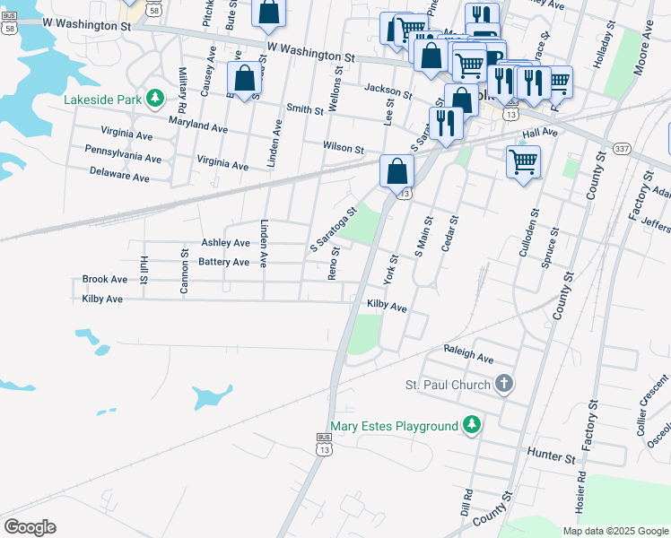 map of restaurants, bars, coffee shops, grocery stores, and more near 422 Reno Street in Suffolk