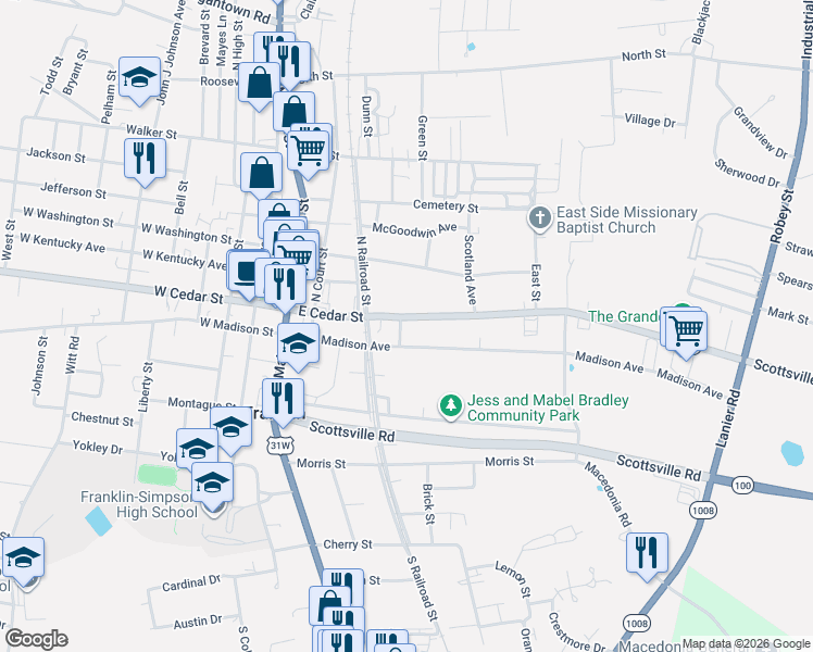 map of restaurants, bars, coffee shops, grocery stores, and more near 400 East Cedar Street in Franklin