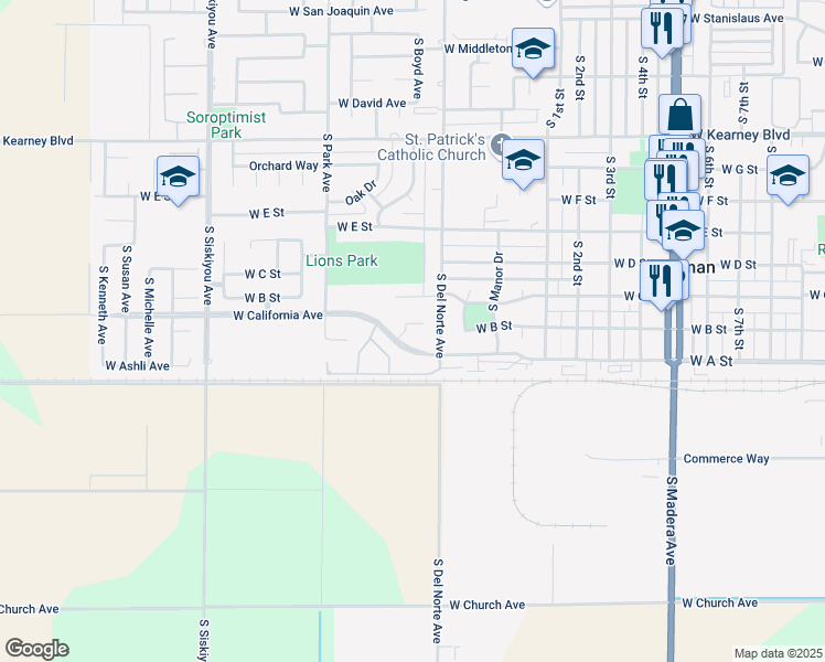 map of restaurants, bars, coffee shops, grocery stores, and more near 15627 West B Street in Kerman