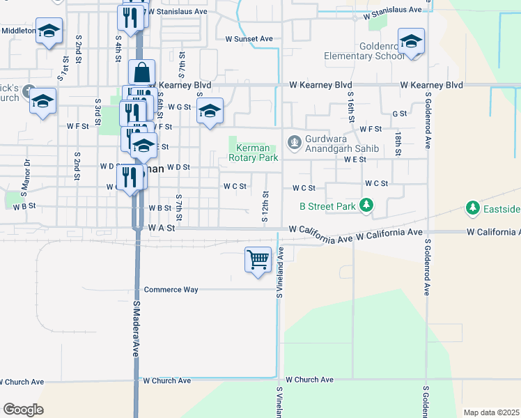 map of restaurants, bars, coffee shops, grocery stores, and more near 905 South 12th Street in Kerman